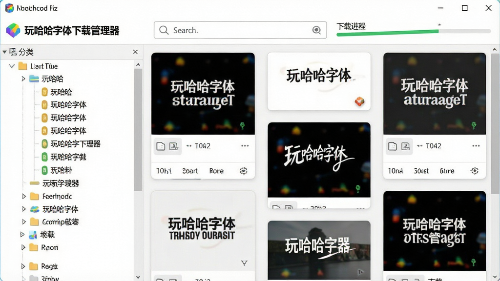 一幅展示“玩哈哈字体下载管理器”主界面的高清电脑截图,界面左侧为字体分类树形列表,右侧为字体卡片瀑布流预览,顶部有搜索框和下载进度条,整体风格简约现代,色彩明快,界面干净无多余元素,画质清晰,细节丰富。