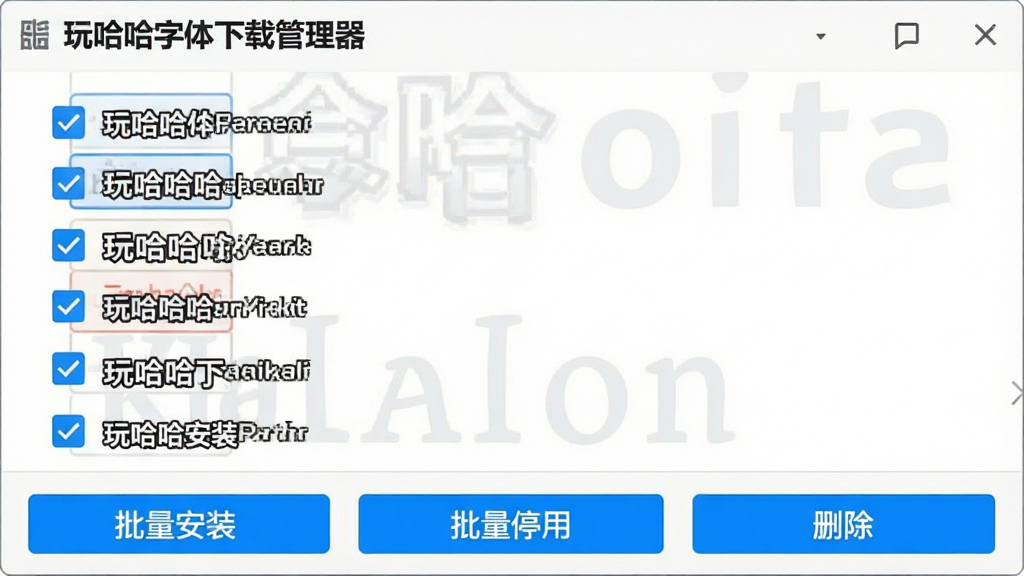 一张展示“玩哈哈字体下载管理器”批量管理功能的界面截图,界面中勾选了多个字体文件,下方工具栏包含“批量安装”、“批量停用”、“删除”等按钮,整体布局清晰,按钮蓝色高亮,背景为白色,画质干净,无多余元素。