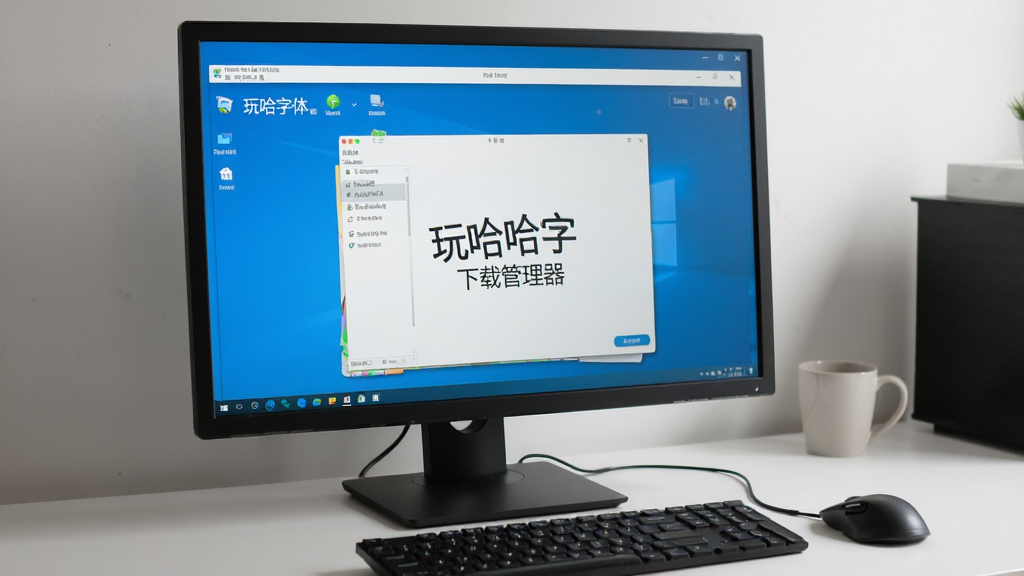 一张展示“玩哈哈字体下载管理器”在电脑上运行的实拍照片,电脑屏幕显示软件主界面,键盘鼠标在旁边,桌面整洁,光线柔和,画质清晰。