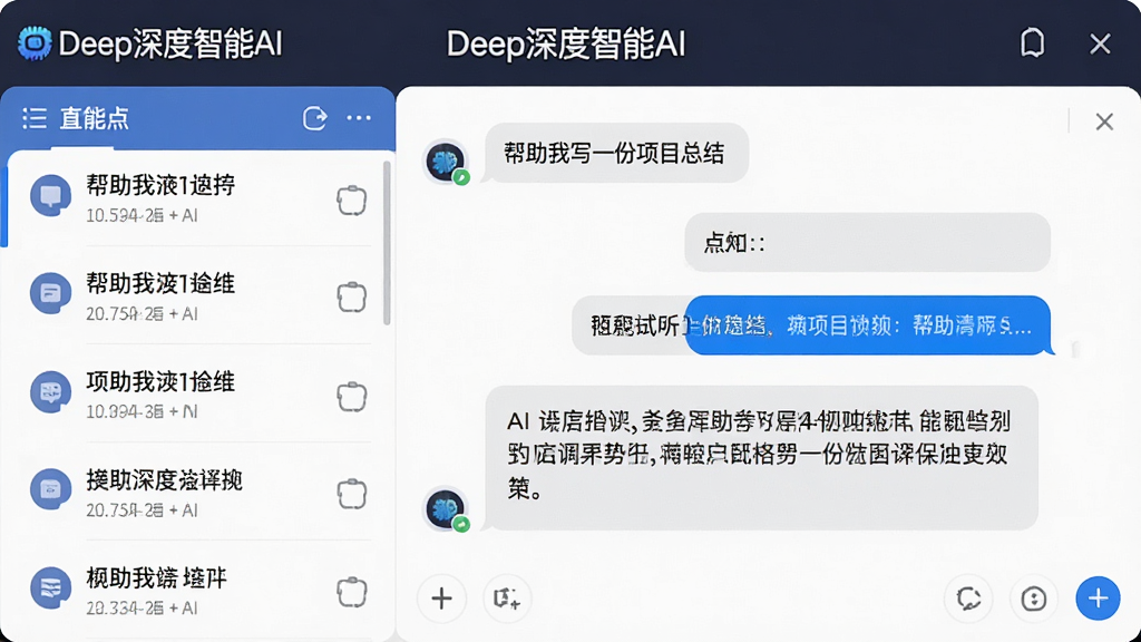 չʾ��Deep�������AI��AI�Ի����ܵĽ����ͼ������ǶԻ��б����Ҳ������촰�ڣ���ʾһ�ι��ڡ�������дһ����Ŀ�ܽᡱ�ĶԻ���AI�������ɻش𣬽������ִ���࣬���������������⡰Deep�������AI�������ʸɾ����޶���Ԫ��