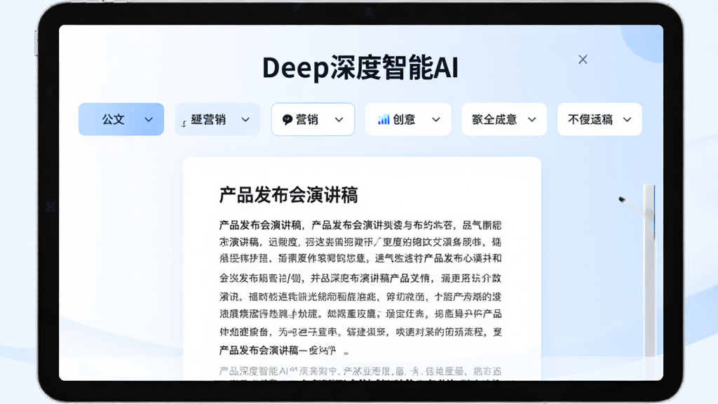 չʾ��Deep�������AI��AIд�����ܵĽ��棬������ʾ����ı�ģ������繫�ġ�Ӫ��������ȣ��м���һƪ���ɵ�����ʾ��������Ϊ����Ʒ�������ݽ��塱�������Ű�����������Ϊ��ɫ��ǳ��ɫ���ɾ����࣬�����⡰Deep�������AI��������ϸ��