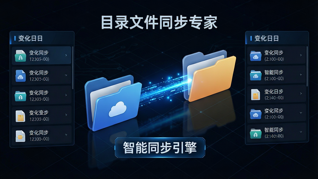 一张展示“目录文件同步专家”智能同步过程的动态示意图,画面中央为两个文件夹图标,通过一条发光的蓝色数据流连接,两侧有文件变化日志列表,背景为深色科技感网格,整体风格现代且具有科技感,文字标签为“智能同步引擎”,画质高清,细节丰富,无多余元素。
