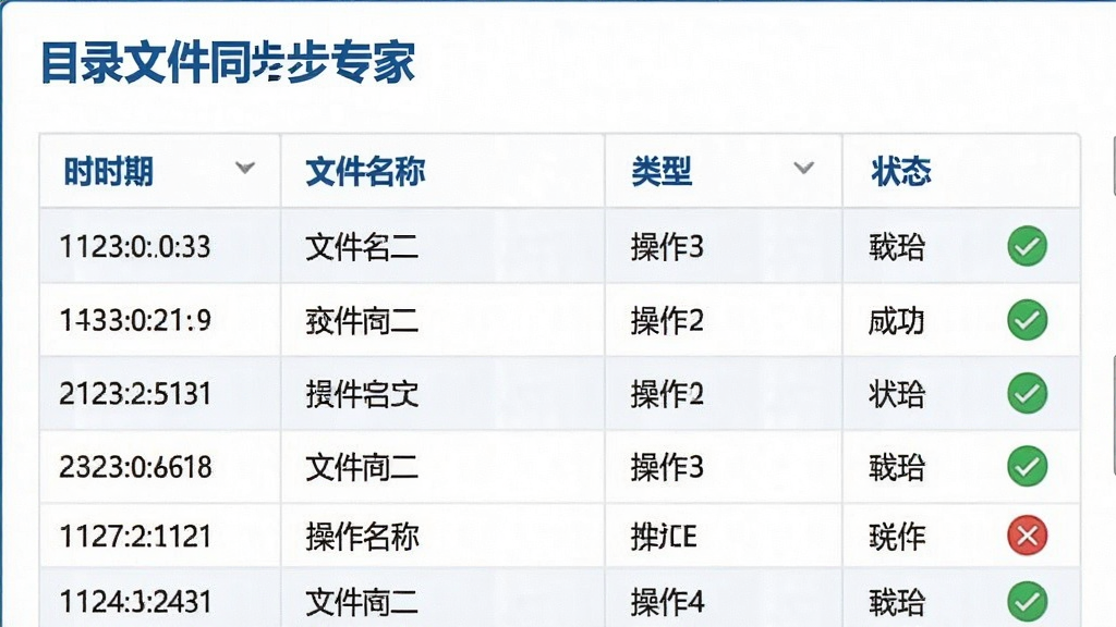 一张展示“目录文件同步专家”日志记录界面的截图,画面中显示一个表格,列出时间、文件名称、操作类型、状态等列,部分行有绿色对勾表示成功,少量红色叉号表示失败,整体界面清晰整洁,配色为白底蓝字,风格简约,画质干净,无多余元素。