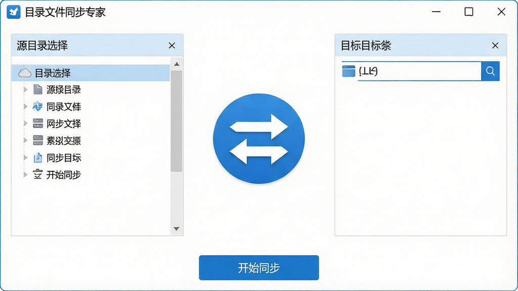 一张展示“目录文件同步专家”软件主界面的高清截图,界面左侧为源目录选择区,右侧为目标目录选择区,中间有双向同步箭头图标,底部为“开始同步”按钮,整体风格简洁现代,配色以蓝色和白色为主,画面干净无多余元素,文字标签清晰可读,画质细腻,突出软件的专业与易用性。