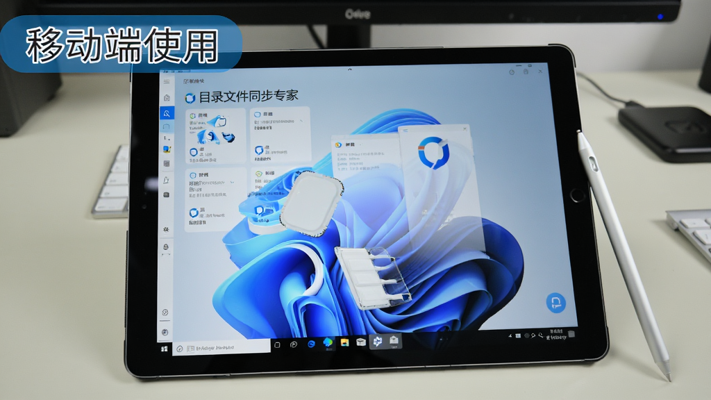 一张展示“目录文件同步专家”在Windows平板上运行的实拍照片,屏幕中显示软件主界面,旁边有触控笔,背景为办公桌面,画面清晰,光线充足,突出移动端使用的便利性,文字标签为“移动端使用”,画质干净,无多余元素。
