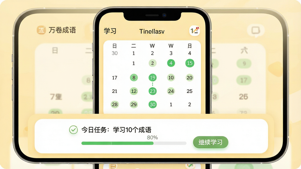 ���壺�ֻ���Ļ��ʾ��������App�ġ�ѧϰ�ƻ������棬����һ��������ͼ�����֣�����ռ���ϰ������°�����ʾ����������ѧϰ10������ͽ��������Ű棺�����ϱ���������򿨵����ڣ���ɫԲ���ʾ����ɡ�����º͵�ǳ��ɫ������Բ�ǿ�Ƭ��ƣ�ͼ���ࡣϸ�ڣ���������ʾ80%���Ա��С�����ѧϰ����ť�����ʸ��壬�ɾ��޶���Ԫ�ء�