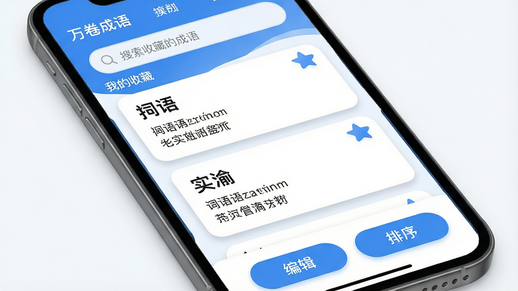 ���壺�ֻ���Ļչʾ��������App�ġ��ҵ��ղء��б���ÿ����Ƭ��ʾ�����������塣���֣��б��������У���Ƭ֮�����ʵ���࣬�ײ��С��༭���͡����򡱰�ť���Ű棺ÿ�ſ�Ƭ���Ͻ��г��������·��������壬���Ͻ����Ǳ�ͼ�ꡣ�����ˬ��������ɫ��Բ�ǿ�Ƭ����Ӱ��͡�ϸ�ڣ�������������ʾ�������ղصĳ��������ϸ�壬�ɾ��޶���Ԫ�ء�
