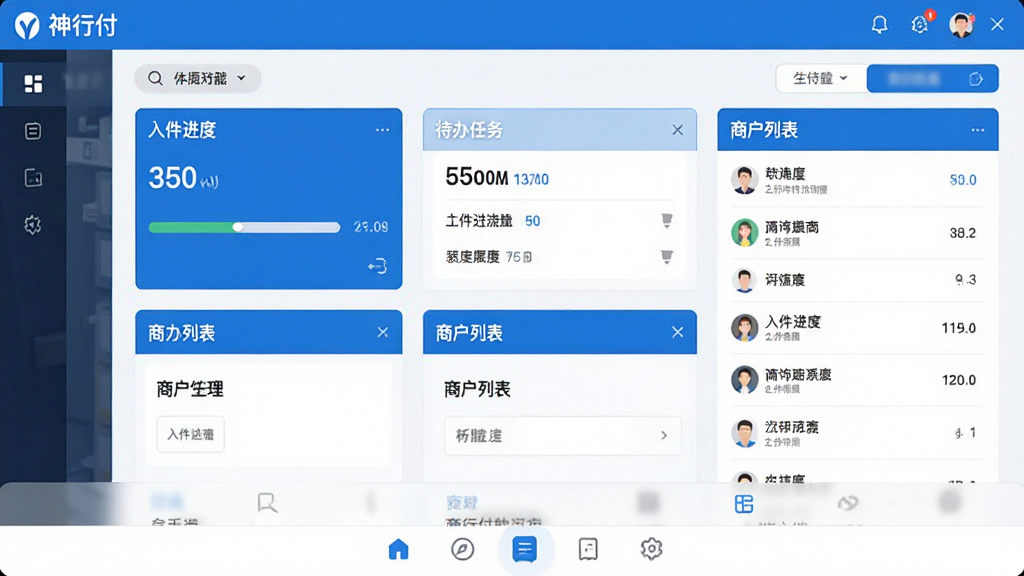 神行付软件主界面预览图,展示商户入件管理系统的核心功能面板,布局简洁,顶部为软件名称“神行付”,中间显示入件进度、待办任务、商户列表等模块,底部为导航栏,整体风格清爽商务,色彩以蓝白为主,高清画质,干净无多余元素