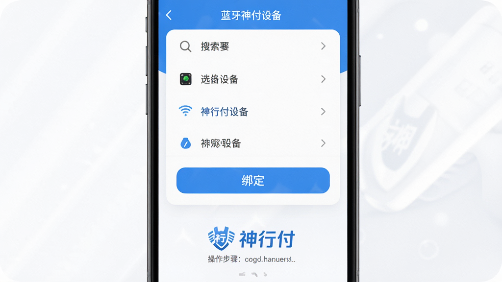 神行付设备绑定激活界面,手机屏幕显示蓝牙搜索设备列表,选中设备后点击“绑定”按钮,下方有操作步骤提示,配有“神行付”logo,界面简洁,蓝白配色,清晰展示绑定流程,画质高清,无多余元素