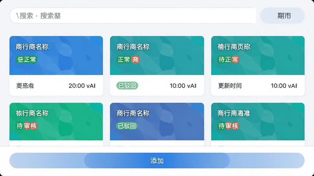 神行付商户信息列表管理界面,展示多个商户卡片,每个卡片显示商户名称、状态标签(正常、待审核、已驳回)和更新时间,顶部有搜索框,底部有添加按钮,界面采用卡片式布局,色彩清新,风格商务简洁,画质清晰,无多余元素