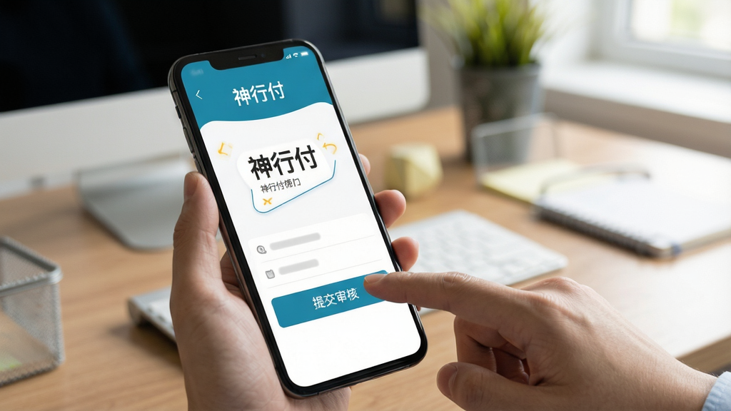神行付使用指南配图,展示手机操作界面,手指点击“提交审核”按钮,背景为桌面办公场景,界面清晰显示“神行付”字样,风格真实自然,画质高清,无多余元素