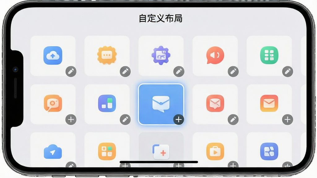 一张手机横屏截图,展示“畅享云”APP的模块自定义编辑界面,界面中多个功能模块图标呈网格状排列,每个图标右下角有编辑或拖拽的小标识,其中一个模块被高亮选中,屏幕上方有“自定义布局”字样,背景为干净的浅灰色,风格简洁,主体明确,布局清晰,细节到位,画质干净,无多余元素