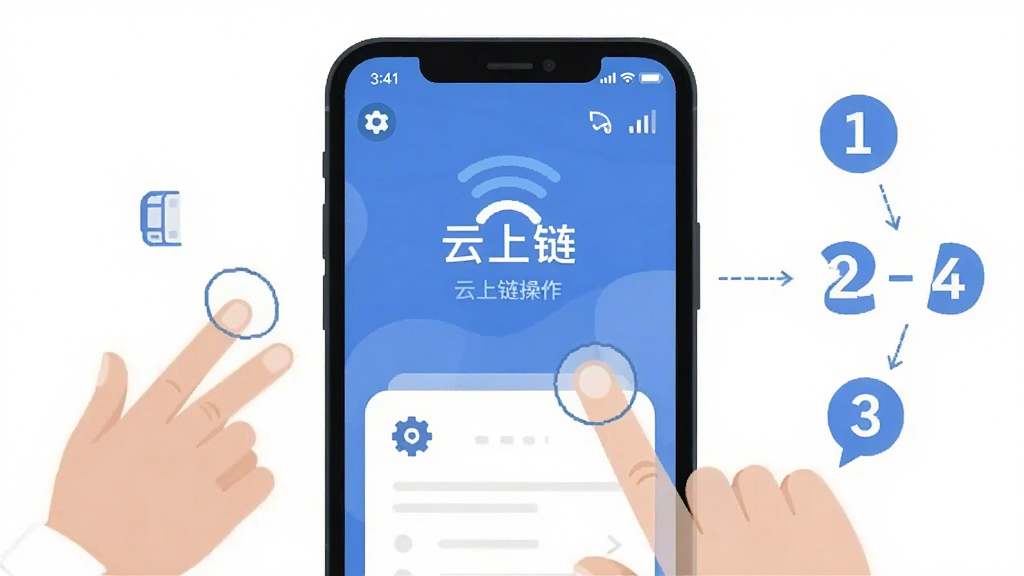 一张教程风格的插图,主体为手机屏幕显示云上链的操作界面,屏幕外有手指点击的虚拟手势,旁边有步骤编号1-2-3,布局清晰,排版直观,风格扁平化,细节包括设置图标与网络信号图标,画质干净无多余元素