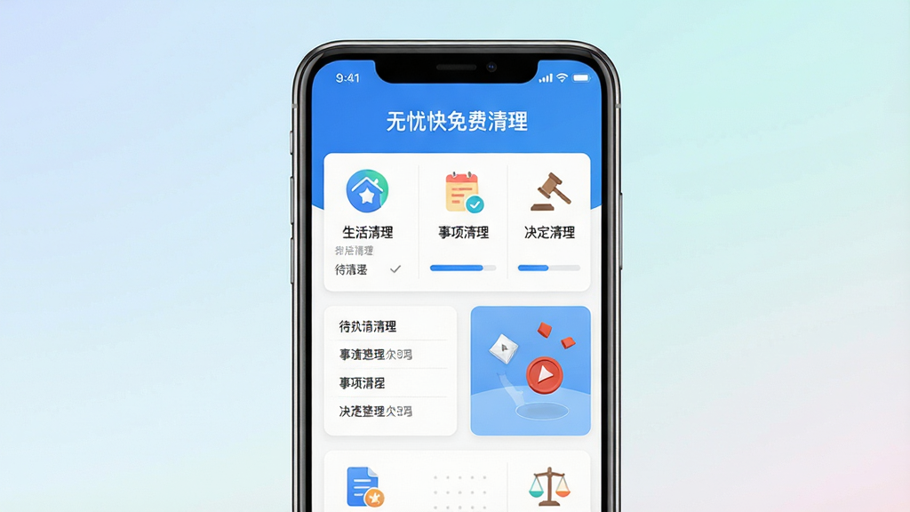 主体:手机屏幕展示“无忧快免费清理”主界面,界面整洁,功能模块图标清晰,包含“生活清理”、“事项清理”、“决定清理”三大板块。布局:居中构图,手机位于视觉中心,背景为柔和的渐变色。排版:界面元素排列有序,功能卡片整齐排列,色彩以蓝白为主,清新自然。风格:扁平化设计,现代简约,符合工具类应用气质。细节:屏幕内显示待办清单、整理进度条、抛硬币动画等元素,突出多功能性。画质:高清,干净,无多余元素。