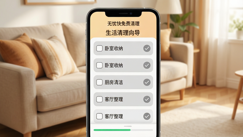 主体:手机界面展示“生活清理向导”功能,屏幕内呈现一个详细的居家整理清单,包含“卧室收纳”、“厨房清洁”、“客厅整理”等任务项,每项带勾选标记。布局:手机居中,背景为温馨的家居环境,沙发上放有抱枕,地面整洁。排版:清单列表清晰,任务项前有圆角复选框,已完成项打勾并变灰。风格:写实与扁平结合,色调温暖明亮。细节:屏幕顶部显示“无忧快免费清理”字样,底部有清理进度条。画质:高清,干净,无多余元素。