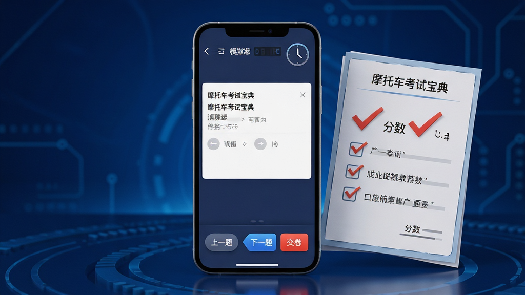 画面主体为“摩托车考试宝典”APP的模拟考试界面,屏幕中央显示一道考题,底部有“上一题”“下一题”“交卷”三个按钮,右上角有倒计时时钟。手机旁边放着一张成绩单,上面有红色对勾和分数。背景为深蓝色科技感渐变背景。整体布局集中,排版专业,风格为3D渲染风格,细节丰富,画质高清,干净无多余元素。
