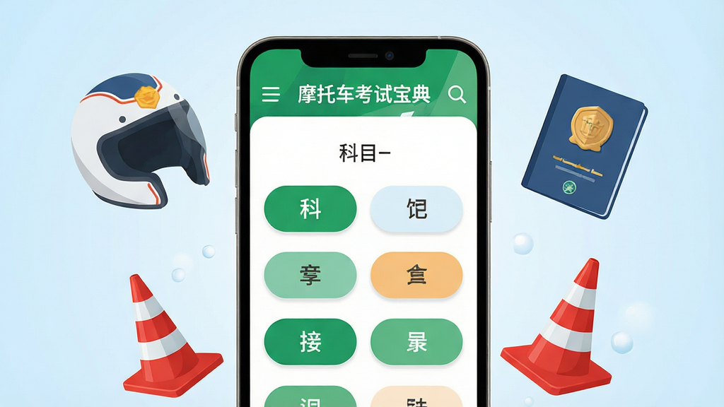 画面主体为一部智能手机屏幕占据视觉中心,屏幕内清晰显示“摩托车考试宝典”APP界面,界面顶部有绿色和白色相间的导航栏,中间展示着科目一选择题页面,选项按钮圆润清晰。手机周围漂浮着摩托车头盔、驾照本、红色路锥等元素,背景为淡蓝色渐变的干净背景。整体布局饱满,排版整齐,风格为现代扁平插画风,细节丰富,画质高清,干净无多余元素。