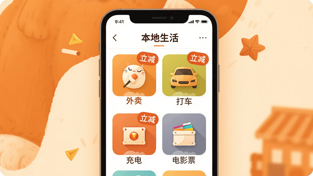 һ��չʾʡǮè��������ܵĳ���ͼ������Ϊ�ֻ���Ļ����ʾ���������ҳ�棬�����������򳵡���ֵ����ӰƱ�ȶ��ͼ�꣬ÿ��ͼ���϶��С���������ǩ������Ϊ��ů�ĳ�ɫ����ɫ���䣬���й�ͼ���Ű���ã��廭��񣬻�����ܰ��ϸ�ڷḻ���߻��ʣ��޶���Ԫ�ء�