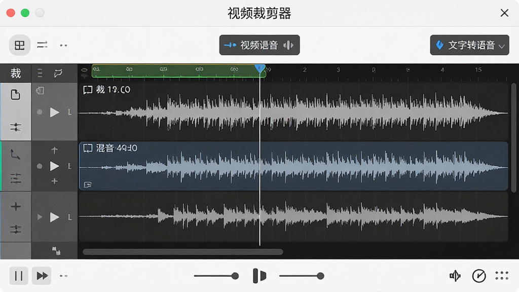 一张“视频裁剪器”音频编辑界面预览图,主体为音频波形编辑区域,布局有裁剪、混音、文字转语音按钮,排版清晰,风格简约,细节展示音轨图层与播放控制,画质细腻干净,无多余元素