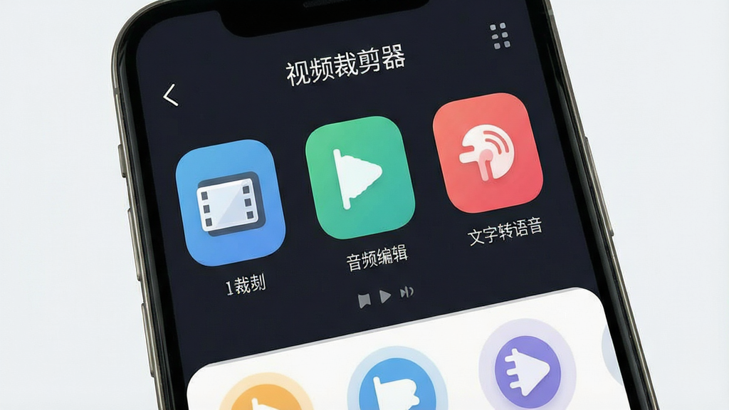 一张高清手机界面截图,主体为“视频裁剪器”软件主界面,布局清晰展示视频裁剪、音频编辑、文字转语音等核心功能入口,排版简洁明快,风格现代扁平化,细节包括功能图标圆润、色彩清新,画质细腻干净,无多余元素