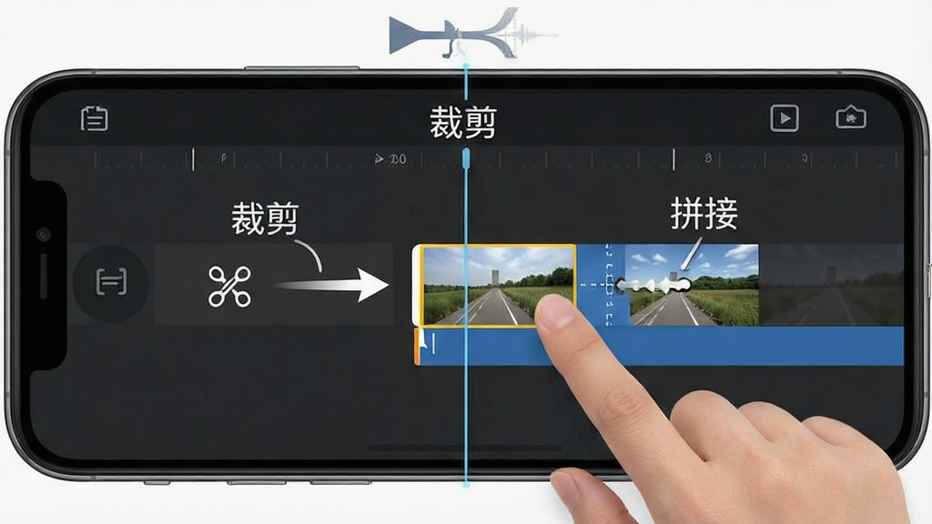 一张“视频裁剪器”操作教程示意图,主体为手机屏幕显示编辑时间轴,布局展示手指拖动视频片段,排版清晰,风格教学化,细节包括箭头指示与文字标注“裁剪”“拼接”,画质干净,无多余元素