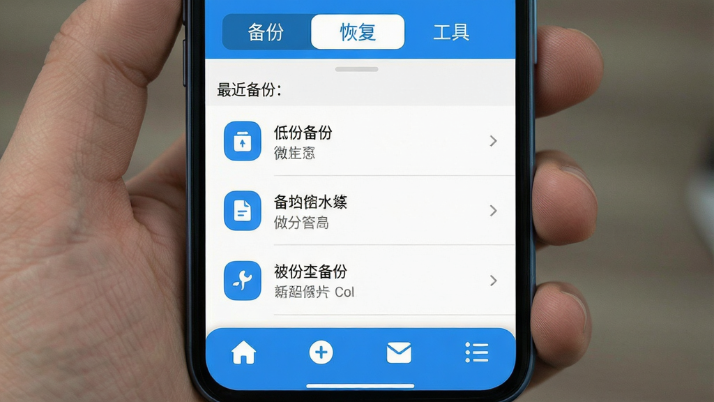 一张智能手机屏幕截图,显示微聊天记录备份查看应用的主界面,界面以蓝色为主色调,顶部有“备份”“恢复”“工具”三个标签页,中间展示最近备份的文件列表,底部有四个导航图标,布局简洁清晰,图标圆润,画质高清,干净无多余元素