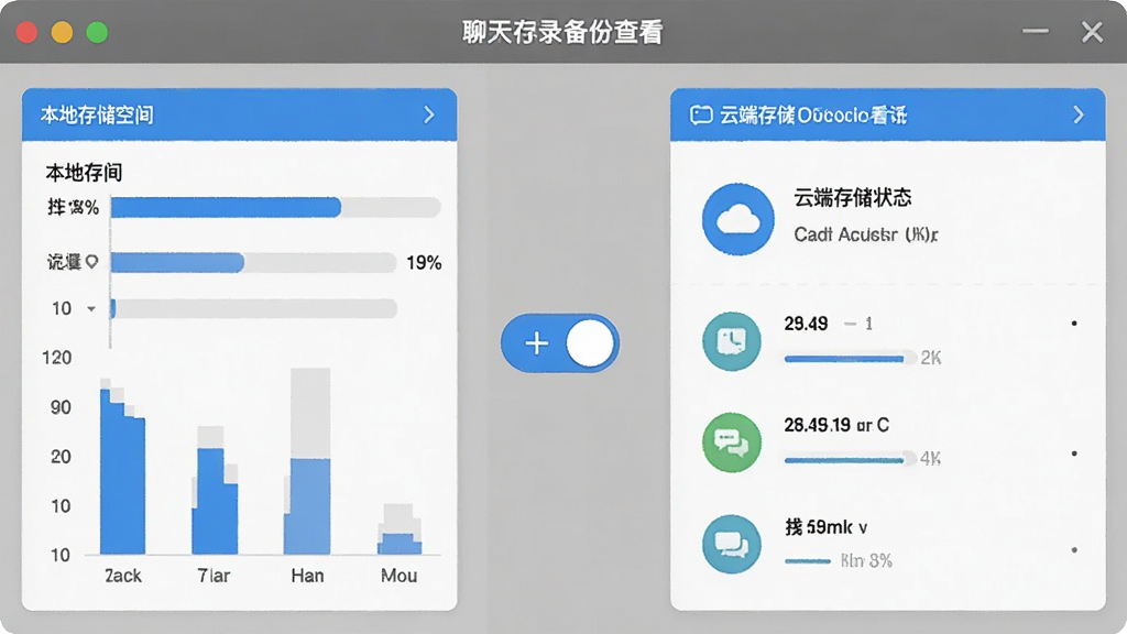 微聊天记录备份查看的存储管理界面,左侧显示本地存储空间使用情况,右侧显示云端存储状态,中间有一个切换按钮,界面以灰色和蓝色为主,图表清晰,布局对称,画质干净,无多余元素
