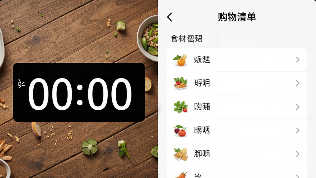 炊烟大食堂应用中的计时器界面和购物清单界面,计时器显示倒计时数字,购物清单上列有食材名称,背景为木纹桌面,布局左右分屏,排版清晰,风格简洁实用,细节丰富,画质高清,干净无多余元素