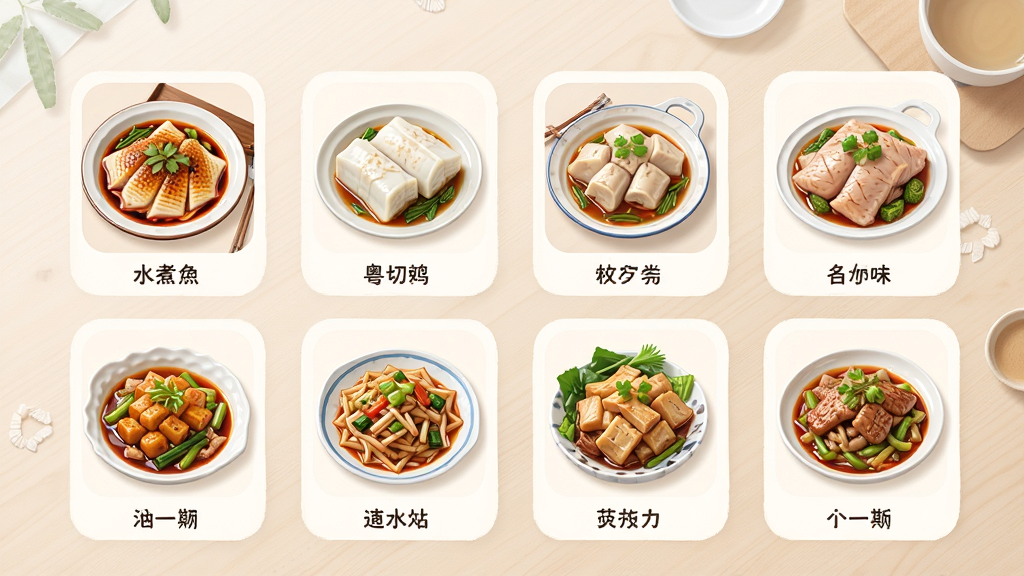 炊烟大食堂应用界面展示八大菜系分类图标,每个图标对应一道代表性菜品,如川菜的水煮鱼、粤菜的白切鸡,背景为干净的浅色桌面,布局整齐,排版清晰,风格扁平清新,细节丰富,画质高清,干净无多余元素
