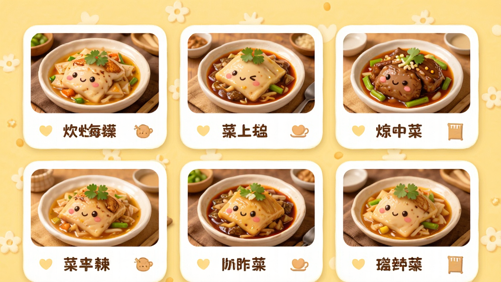 炊烟大食堂应用的收藏夹页面,展示多个菜谱卡片,每个卡片有菜品缩略图和菜名,背景为淡黄色暖色调,布局网格排列,排版整齐,风格温馨可爱,细节丰富,画质高清,干净无多余元素