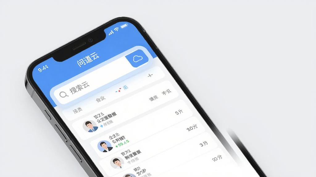 展示“问道云”手机应用界面,屏幕上显示搜索框及企业列表结果,背景为浅灰色,界面简洁清晰,布局合理,突出数据可视化元素,风格扁平化设计,细节包括搜索按钮和结果卡片,画质高清干净,无多余元素。