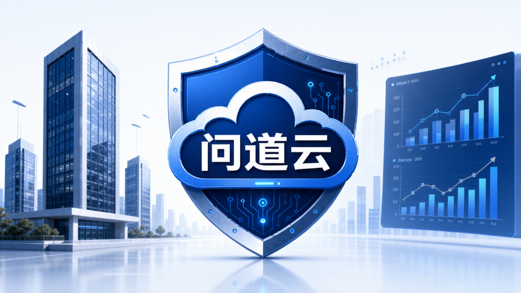 画面中央展示“问道云”品牌Logo,以蓝色科技感盾牌为设计核心,配以简洁大气的企业大楼和数据分析图表背景,整体布局采用左右对称结构,色调以深蓝与白色为主,风格现代商务,细节处融入人工智能与大数据元素,画质清晰干净,无多余元素。