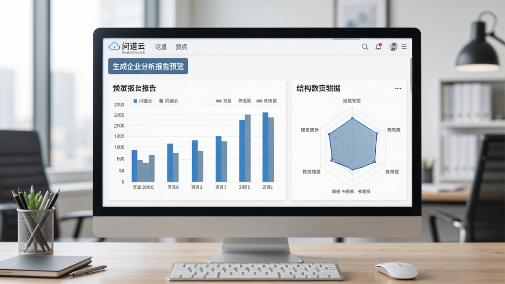 展示“问道云”生成的企业分析报告预览页面,报告包含图表和结构化数据,背景为桌面办公环境,布局整洁,风格专业商务,细节包括柱状图和雷达图,画质清晰,干净无杂乱元素。