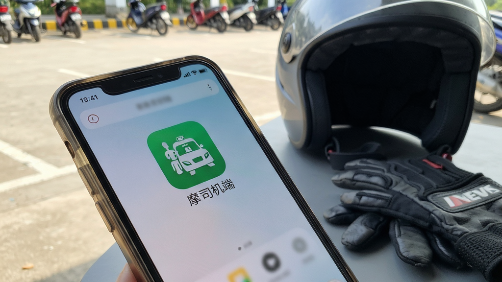 һ�š�Ħ��˾���ˡ�APP���ֻ����������е�ʵ����Ƭ���ֻ��Ա߷�����Ħ�г�ͷ�������ף������ǻ���ͣ��������������Ϊ�ֻ���Ļ�ϵ�APPͼ������棬����45�Ƚǲ��Ĺ�ͼ����������ϸ��չ���ֻ��ʸ�����������������������ɾ��޶���Ԫ��