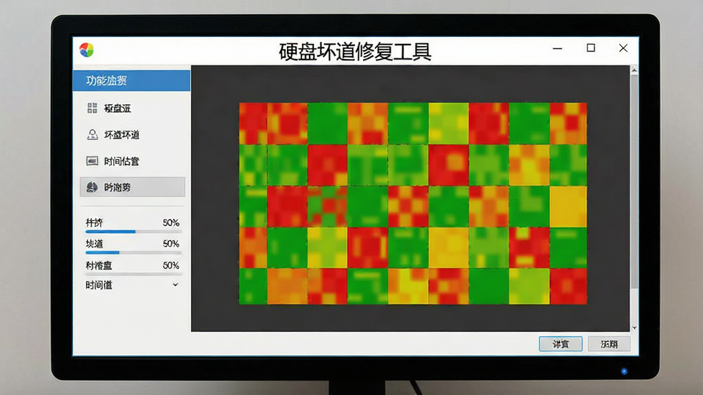 电脑屏幕显示硬盘坏道修复工具的扫描界面,色块图红绿黄相间,左侧为功能菜单栏,布局清晰,排版规整,风格扁平化UI设计,细节包含进度百分比与时间估算,画质清晰,干净无多余元素,图片顶部中央标注文字