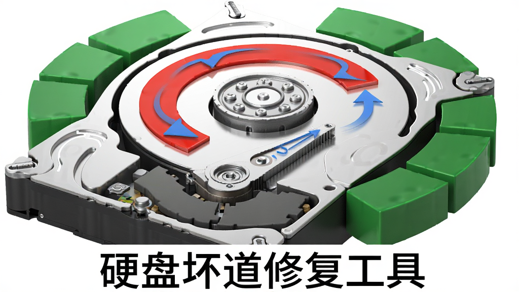 3D立体硬盘内部构造图,红色区域标记坏道,蓝色箭头表示数据迁移路径,周围环绕绿色备用扇区,布局以硬盘为中心,排版有层次,风格科技感插画,细节体现磁头移动轨迹,画质细腻,干净无多余元素,图片下方标注文字