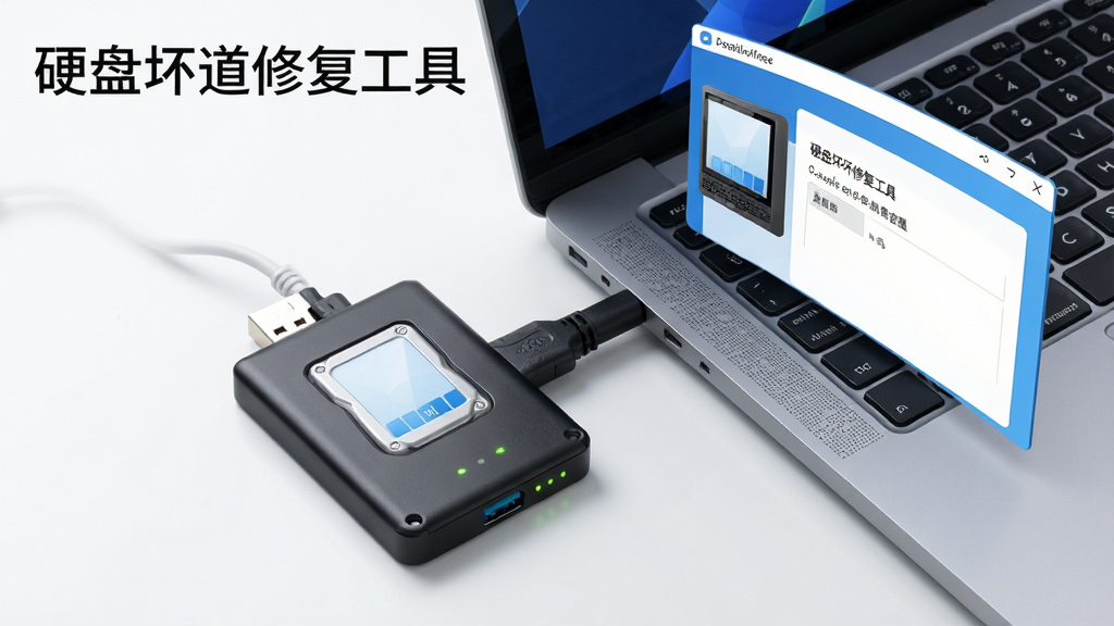 一台笔记本电脑连接移动硬盘,硬盘上方显示软件界面,界面中硬盘型号与容量被正确识别,布局为俯视图,排版简洁,风格现代商务风,细节展示USB接口与指示灯,画质明亮,干净无多余元素,图片左上角标注文字