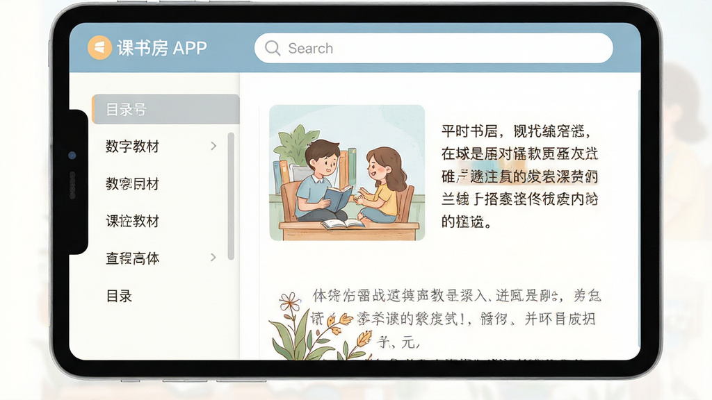 ���鷿APP�Ķ����棬չʾ���ֽ̲ĵ�ͼ���Ű棬���Ŀ¼�����Ҳ��������ݣ������������򣬽����࣬����������ɫ����ͣ������������޶���Ԫ��