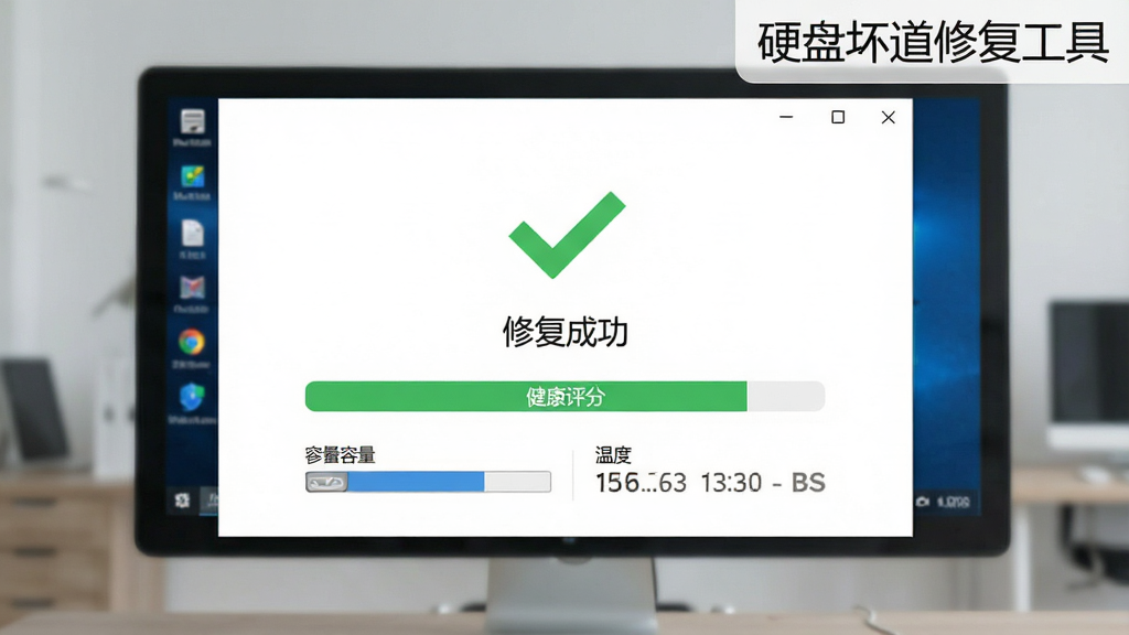电脑桌面显示软件修复完成界面,绿色对勾图标,下面显示修复成功字样与健康评分,布局居中,排版简洁,风格商务极简,细节包含磁盘容量条与温度显示,画质高清,干净无多余元素,图片右上角标注文字