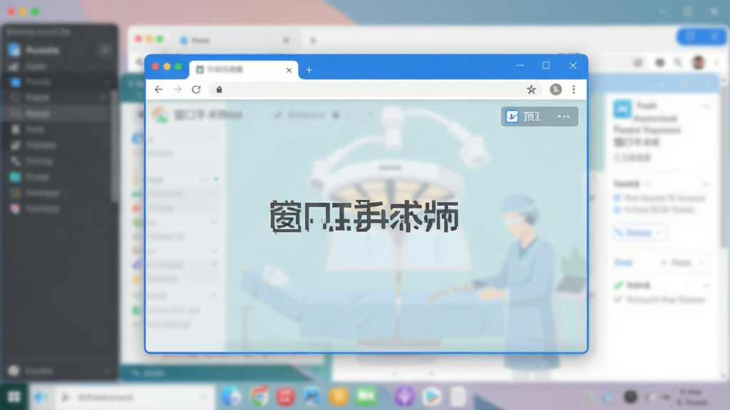 画面主体为“窗口手术师”软件功能演示,一个浏览器窗口被置于最顶层,半透明显示,下方是其他模糊的应用程序窗口。布局为前后层次分明,排版突出前景窗口的“置顶”状态标识。风格为扁平化UI设计,细节包含窗口边缘的蓝色高亮和悬浮控制条。画质清晰,色彩柔和,干净无多余元素。