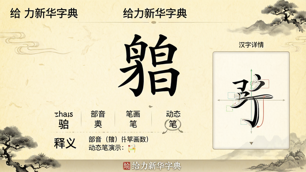 主体:给力新华字典软件的“汉字详情”页面,展示汉字“”的拼音、部首、笔画数、动态笔顺演示,背景有淡黄色纸张纹理。布局:居中对称,上方为超大汉字,下方分列拼音和释义,右侧为笔顺动画窗口。排版:文字清晰,信息分区明确,色彩柔和。风格:中国风典雅风格,融入水墨元素,整体素净大气。画质:高清,无多余元素,界面带有“给力新华字典”字样。