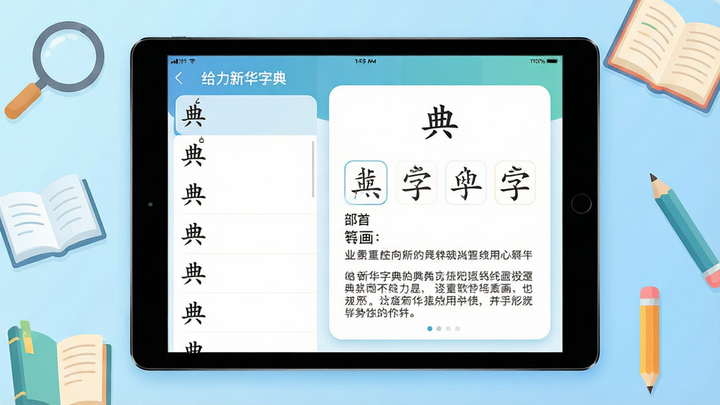 主体:给力新华字典软件界面在平板电脑上展示,屏幕显示汉字“典”的释义页面,包含拼音、部首、笔画、释义等清晰信息。布局:平板居中,背景为浅蓝色渐变,周围有放大镜、书本、铅笔等学习元素点缀。排版:画面左侧为汉字列表,右侧为详细释义卡片,整体排列有序,文字可读。风格:扁平化现代教育风格,色彩明亮清新,细节圆润。画质:高清渲染,干净无多余元素,文字标注“给力新华字典”。