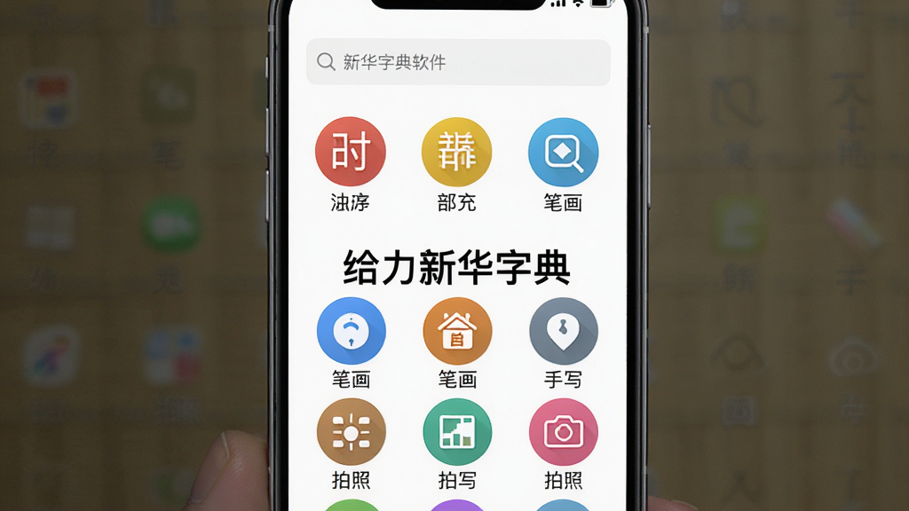 主体:给力新华字典软件在手机上的搜索界面,展示多种检索方式图标,包括拼音、部首、笔画、手写、拍照等,中间为搜索框。布局:手机竖屏居中,背景为纯白色,功能图标呈网格状排列。排版:顶部为搜索框,下方为彩色圆形图标,每个图标下方有文字标签。风格:简约iOS风格,图标圆润,配色活泼。画质:高清,干净明亮,界面中央有“给力新华字典”文字。