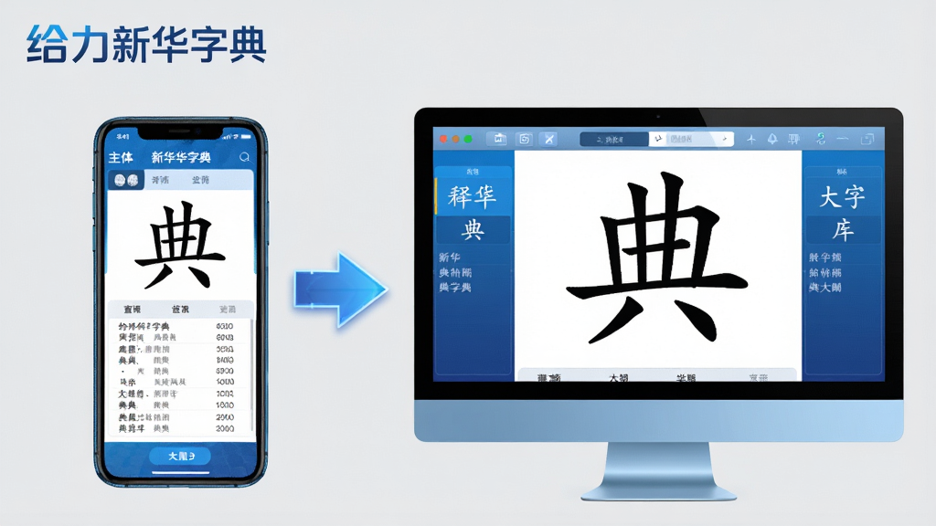 主体:给力新华字典软件在手机和电脑上的跨屏使用场景,手机显示查询界面,电脑显示大字库。布局:手机与电脑并排,中间有链接箭头,背景为浅灰色。排版:左侧手机竖屏,右侧电脑横屏,两者屏幕内容均为汉字“典”的释义。风格:现代科技感,蓝色调,细节清晰。画质:高清,无多余元素,左上角有“给力新华字典”标识。