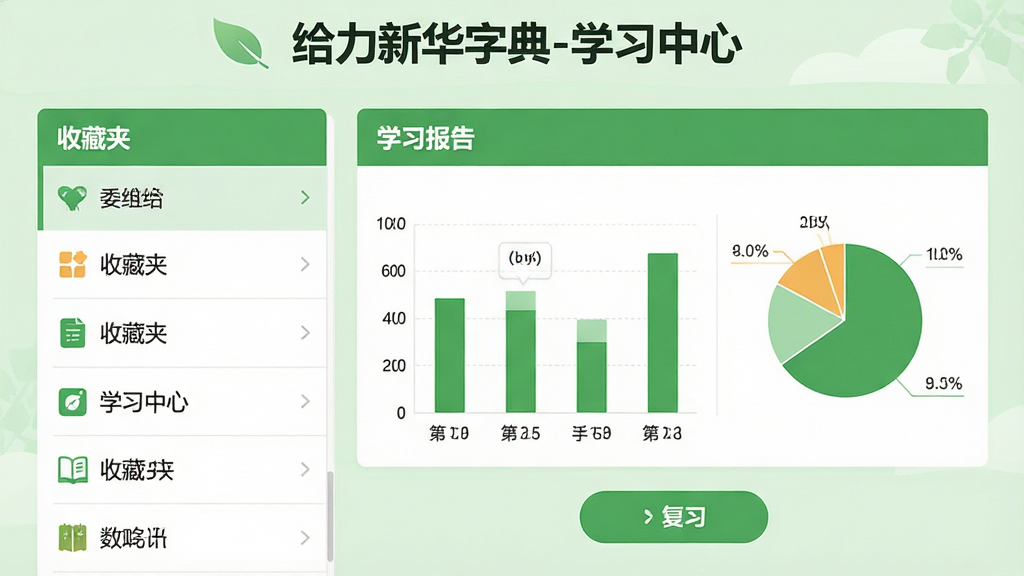主体:给力新华字典软件的学习中心页面,展示“收藏夹”分组列表和“学习报告”图表,背景为浅绿色。布局:左侧为分组列表,右侧为统计图表,下方有复习按钮。排版:信息层级分明,图表为柱状图与饼图。风格:清新教育风,色彩以绿色和白色为主,视觉舒适。画质:高清,无多余元素,页面顶部有“给力新华字典-学习中心”字样。
