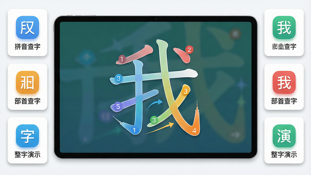 主体:软件功能界面特写,屏幕展示汉字“我”的笔顺分步演示图,每一步笔画用不同颜色区分,并标注数字序号。布局:屏幕居中,周围环绕着几个功能图标,如“拼音查字”“部首查字”“整字演示”。排版:界面采用卡片式布局,功能模块清晰分区,主演示区占屏幕三分之二。风格:扁平化UI设计,色彩明快,图标简洁,现代感强。细节:笔顺数字序号清晰可见,颜色过渡自然,功能图标带有轻微阴影。画质:高清,干净,无多余元素。