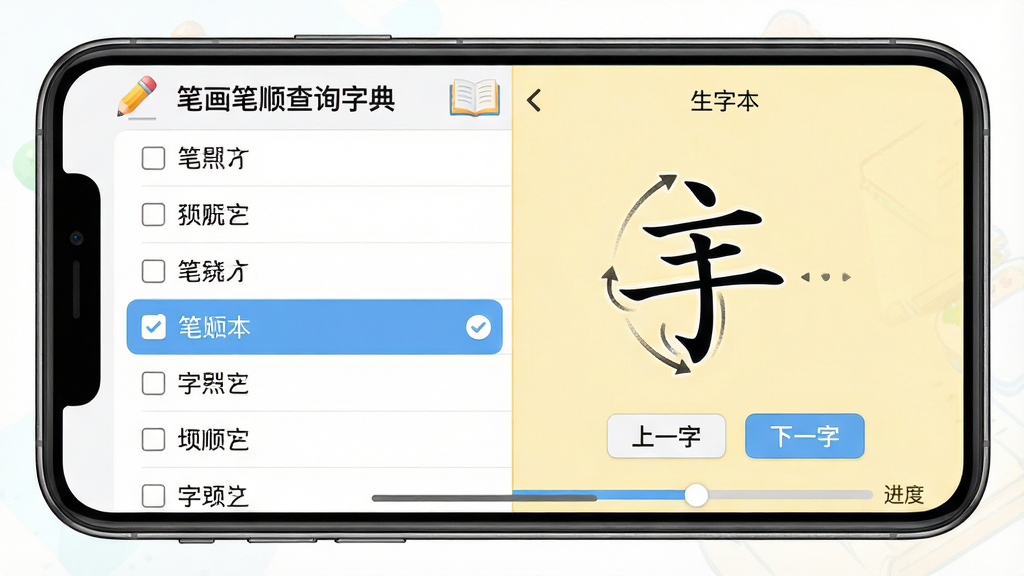 主体:手机横屏展示软件“笔画笔顺查询字典”的“生字本”功能界面,屏幕左侧显示汉字列表,右侧展示当前字的笔顺动图。布局:左右分栏,左侧列表为白色背景,右侧为淡黄色背景,分割线清晰。排版:字体大小适中,列表项带有复选框,当前项高亮显示。风格:教育软件风格,图标为铅笔和书本,色调清新。细节:右侧动图下方有“上一字”“下一字”按钮,底部有进度条。画质:干净,无多余元素。