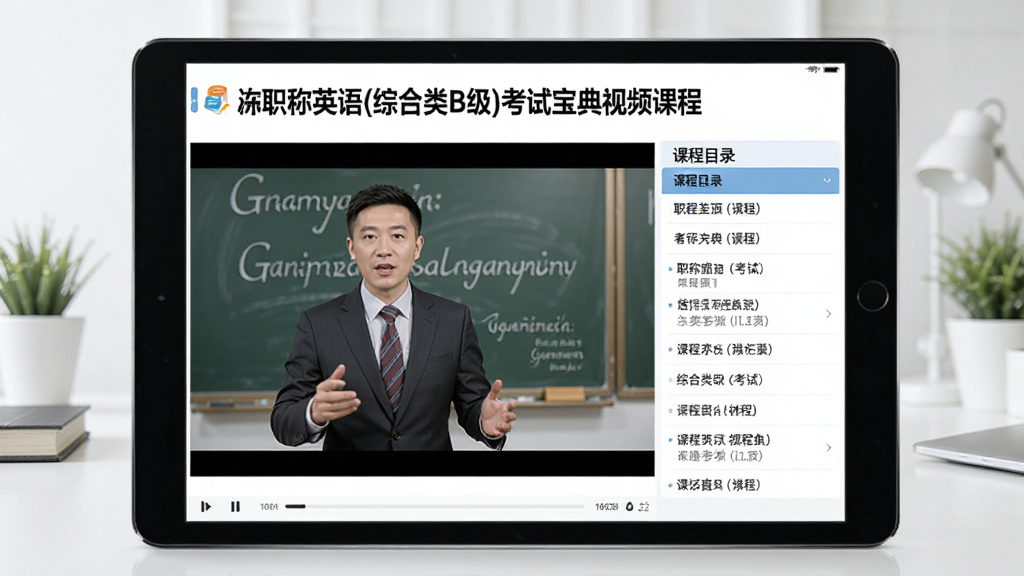 一张展示职称英语(综合类B级)考试宝典视频课程页面的图片,主体为平板电脑屏幕,正在播放一位讲师讲解语法的视频课件,屏幕右侧显示课程目录列表,整体环境明亮整洁,画面清晰,画质高,无多余元素