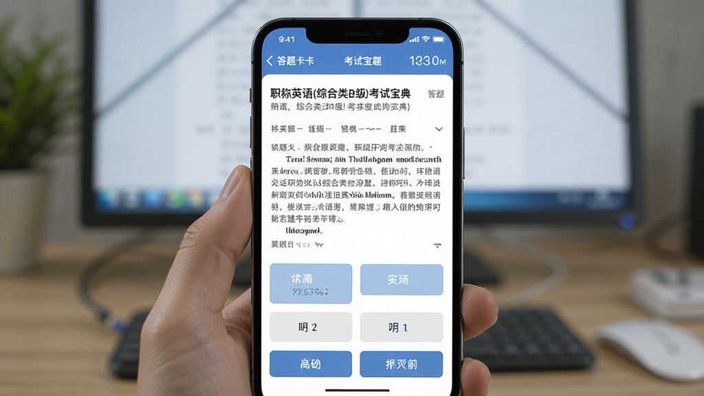 一张展示职称英语(综合类B级)考试宝典智能刷题界面的图片,主体为手机屏幕上的答题页面,显示一道阅读理解题,屏幕下方有四个选项按钮,页面顶部显示答题卡和计时器。背景虚化,突出屏幕内容,风格写实,细节丰富,画质清晰干净