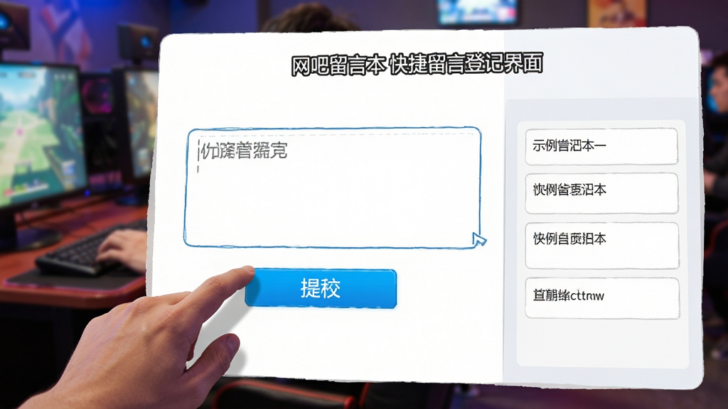 主体:网吧留言本快捷留言登记界面,顾客正在输入留言。布局:中央为输入框,下方有提交按钮,右侧显示示例留言。排版:简洁的表单设计,输入框占主要视觉区域。风格:明亮色调,友好易用。细节:输入框内有提示文字,提交按钮为蓝色高亮,背景有网吧环境虚化。画质:清晰干净,无多余元素。